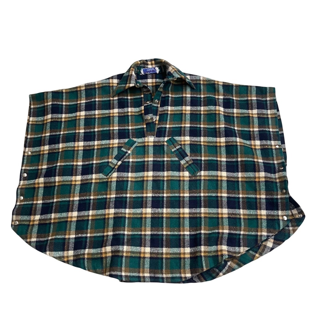 Vintage Pendleton Knockabouts‎ Wool Plaid Poncho Cape Green Navy Blue One Size